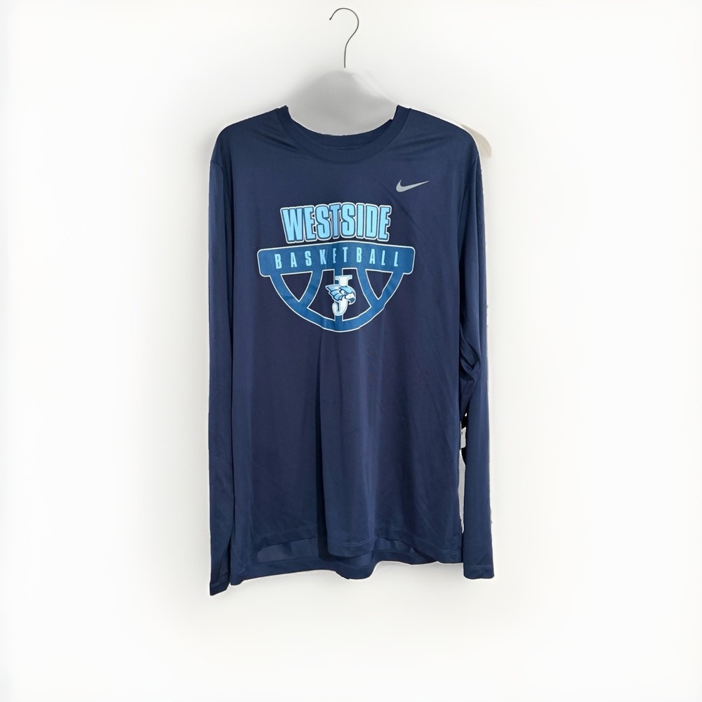 NIKE mens long sleeve dri-fit NAVY BLUE shirt WESTSIDE basketball LARGE EUC W113
